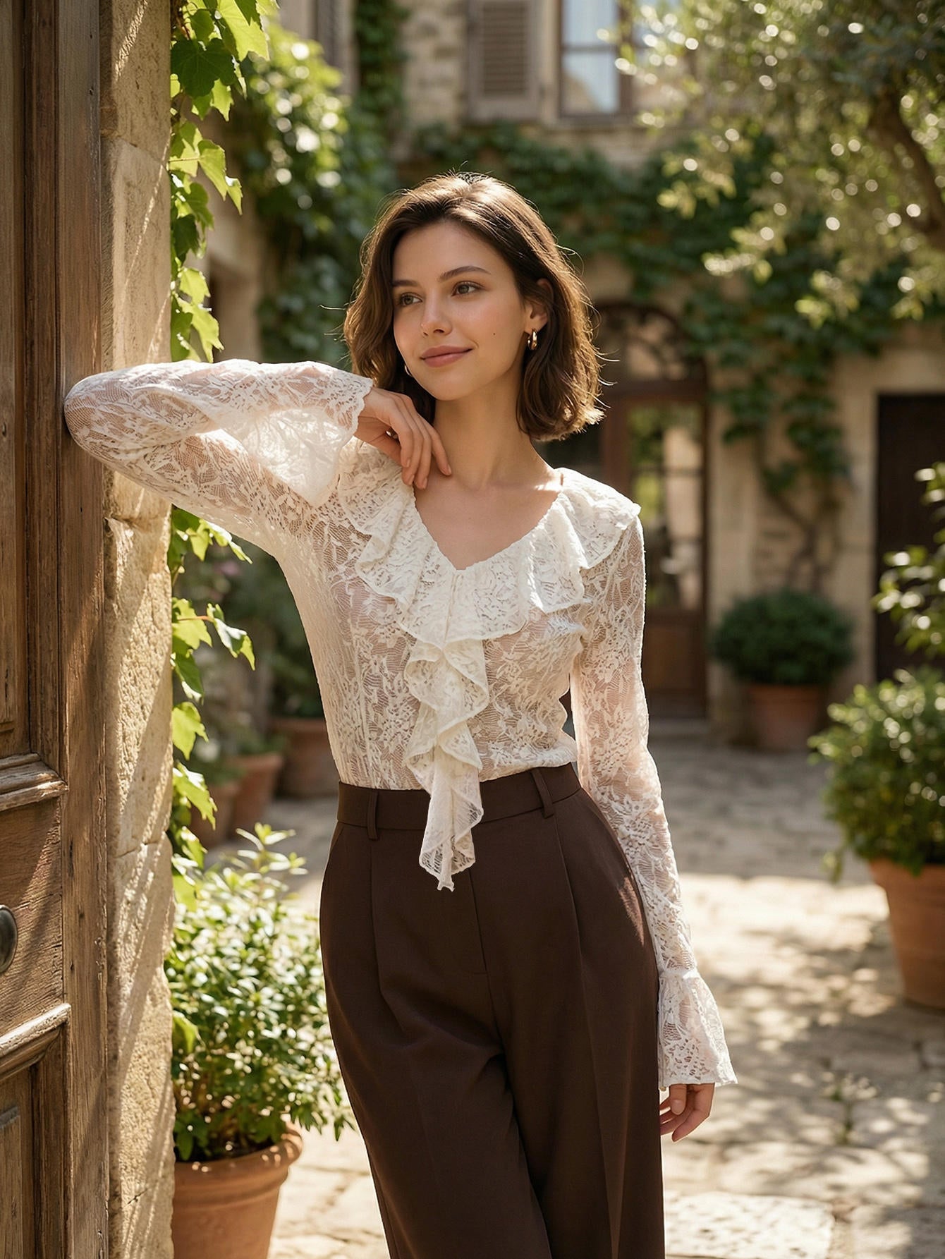 LACE HOLLOW FLARED SLEEVE TOP FOR PARTY
