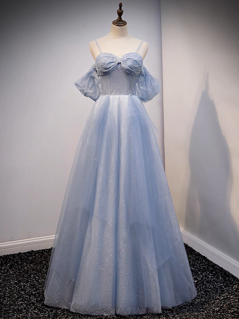 O1CN01Dl5nBj1UDiVKk2X87__728732484_jpg A-LINE OFF-SHOULDER TULLE GRAY BLUE PROM DRESS