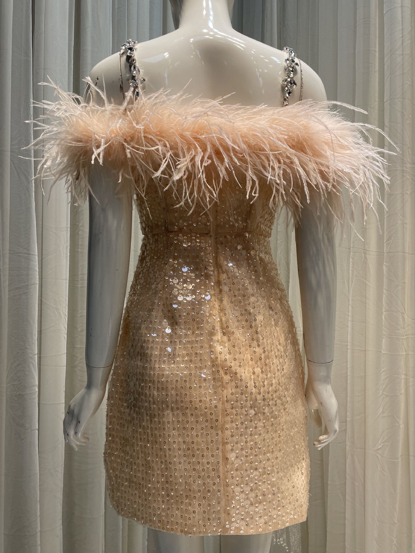 PRISCILLA SEQUIN FEATHER MINI DRESS, PINK