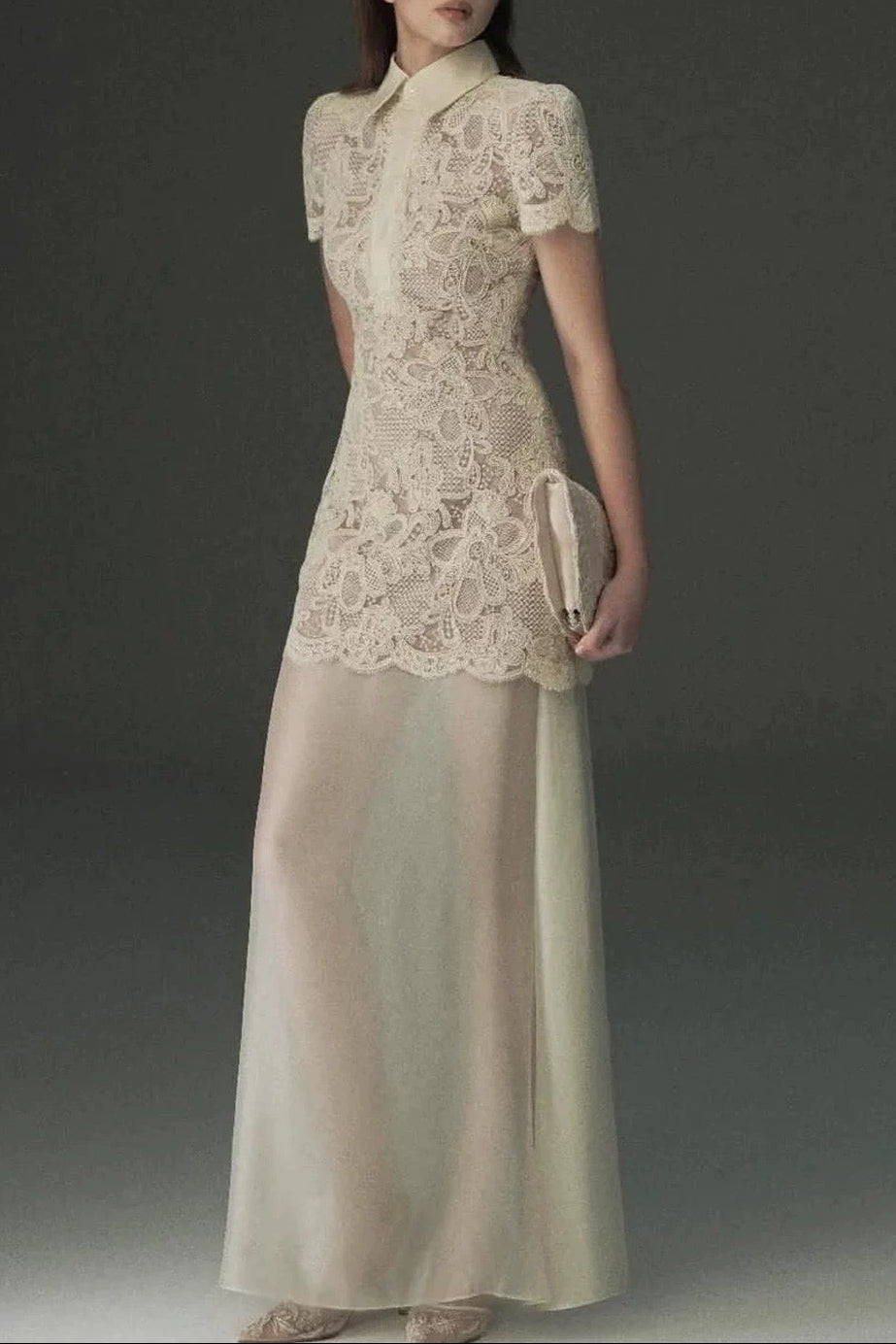 BEIGE LACE OVERLAY MAXI DRESS, COLLARED ORGANZA SKIRT, FORMAL