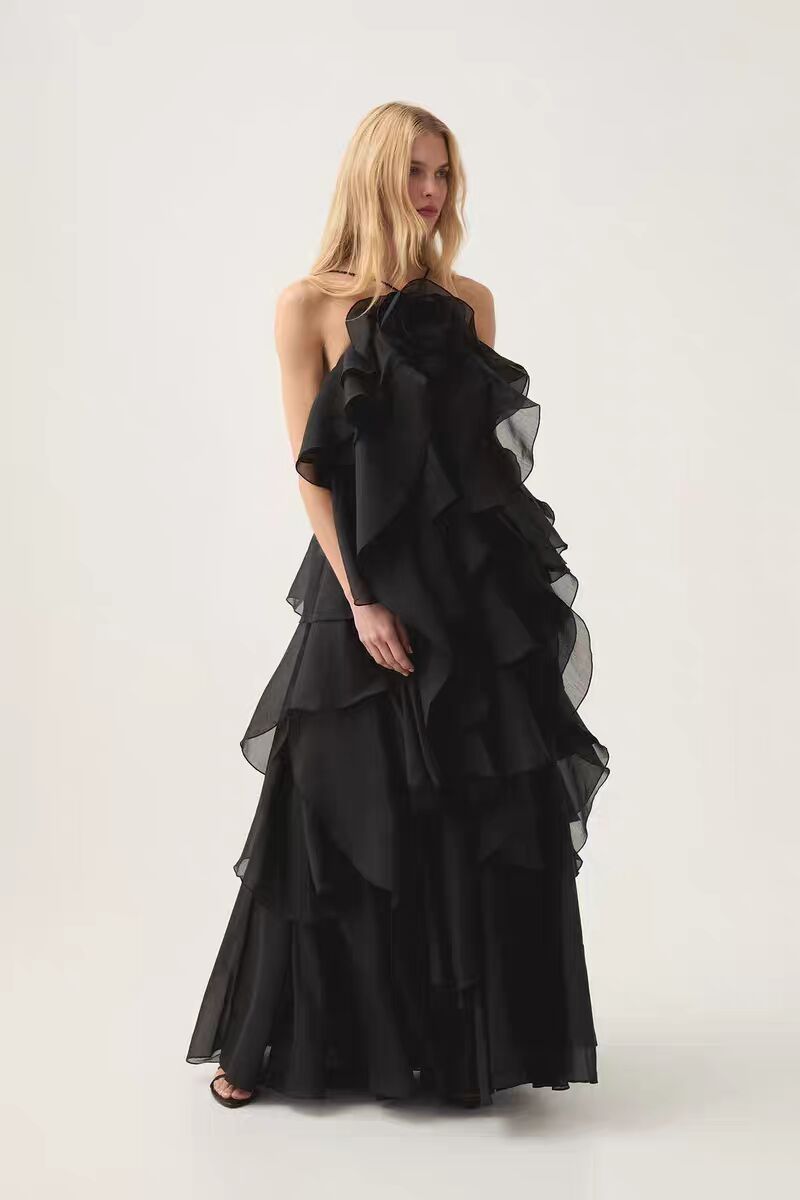 HALTERNECK FLOUNCED MAXI DRESS BLACK