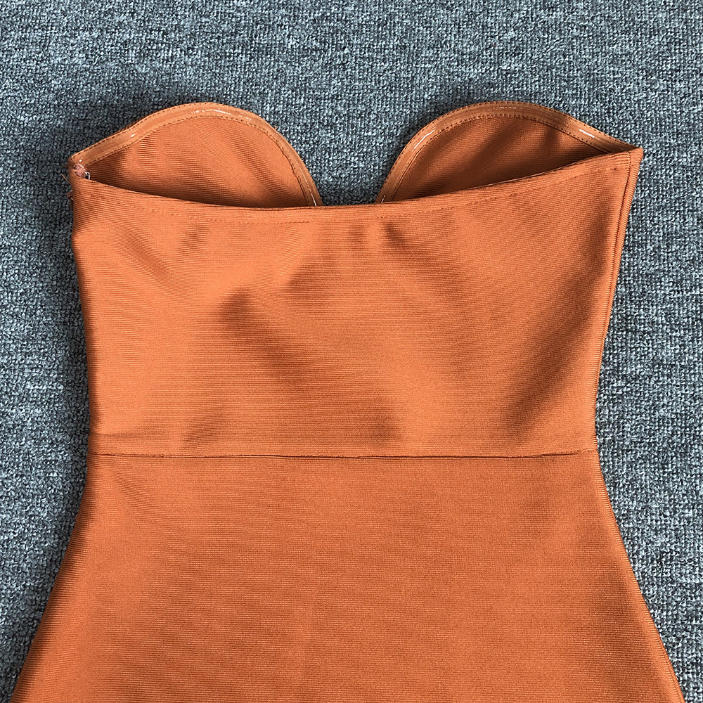 OSTRICH FEATHER V-NECK BANDAGE DRESS BROWN