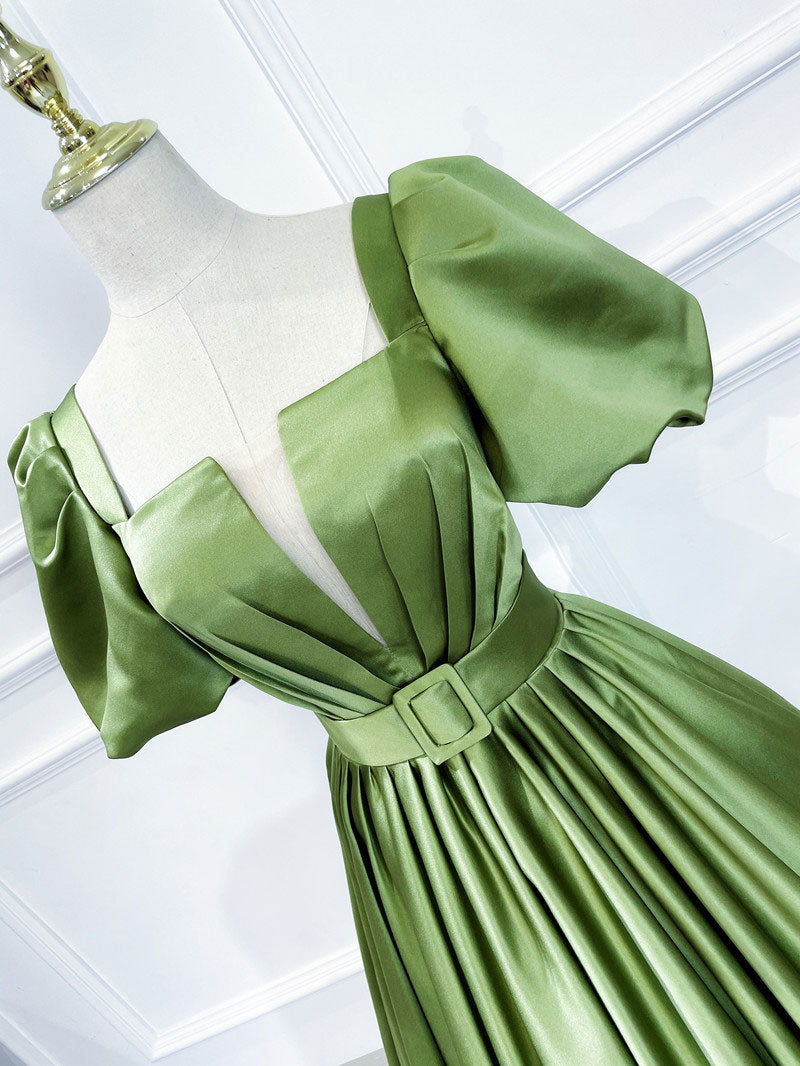 GREEN SATIN MAXI PROM DRESS, A-LINE