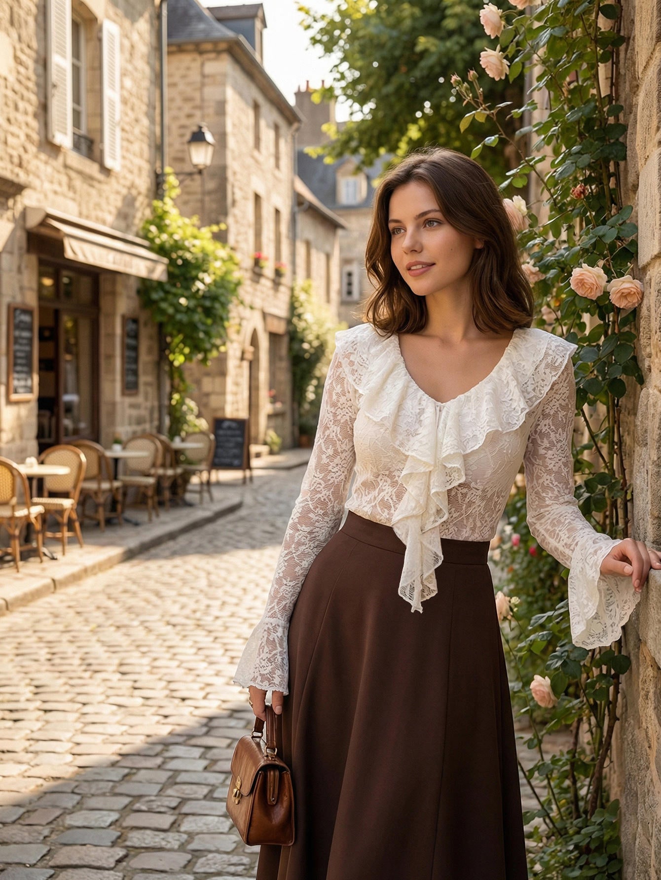 LACE HOLLOW FLARED SLEEVE TOP FOR PARTY