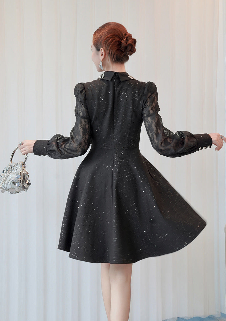 LYNN BLACK RHINESTONE LACE HOLLOW SLEEVE MINI DRESS