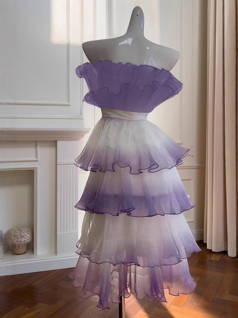 PURPLE GRADIENT RUFFLE LAYERED MINI DRESS