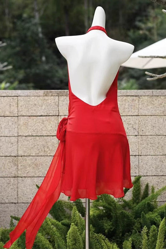 HALTER BACKLESS LACE-UP RED MINI DRESS