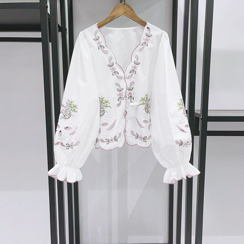 OPENWORK EMBROIDERED V-NECK FLARED SLEEVE TOP