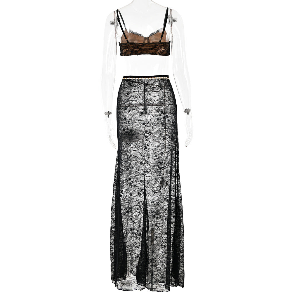 LACE WAIST CHAIN SKIRT SET BLACK PARTY OUTFIT