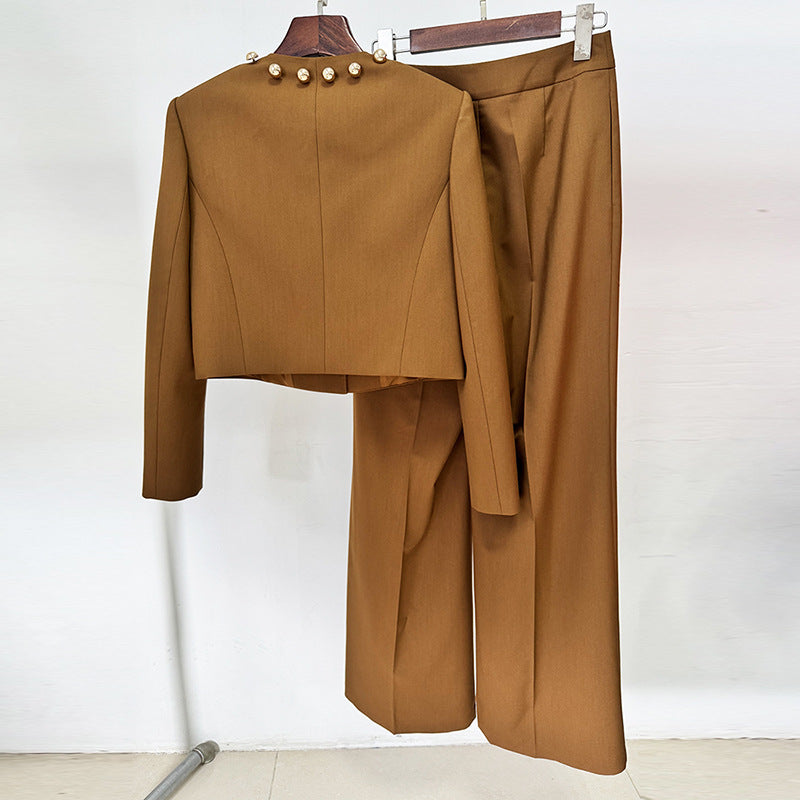 MIRANDA PALE BROWN BUTTON JACKET TWO-PIECE SET