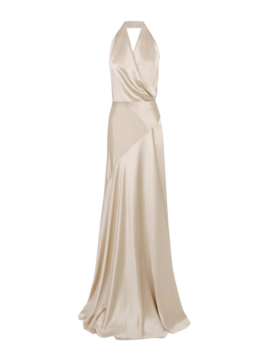 KAY CHAMPAGNE SATIN HALTER MAXI DRESS