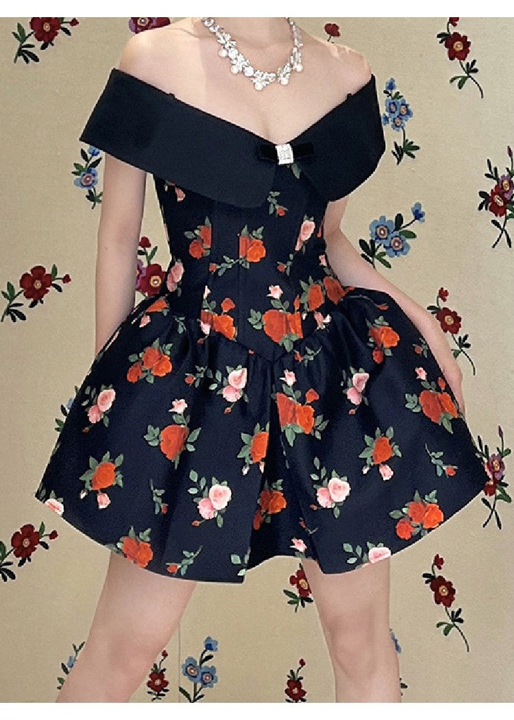 BLACK FLORAL MINI DRESS FOR COCKTAIL PARTY