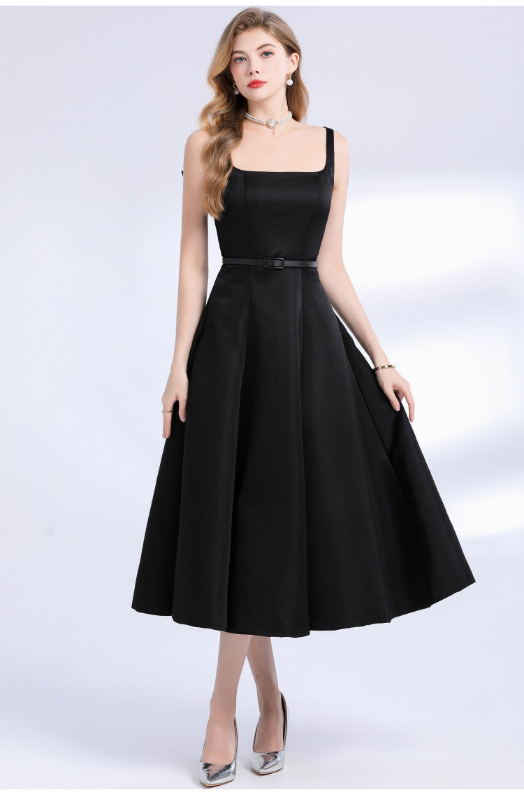 AMELIA SQUARE NECK SATIN SLIP MIDI DRESS - BLACK