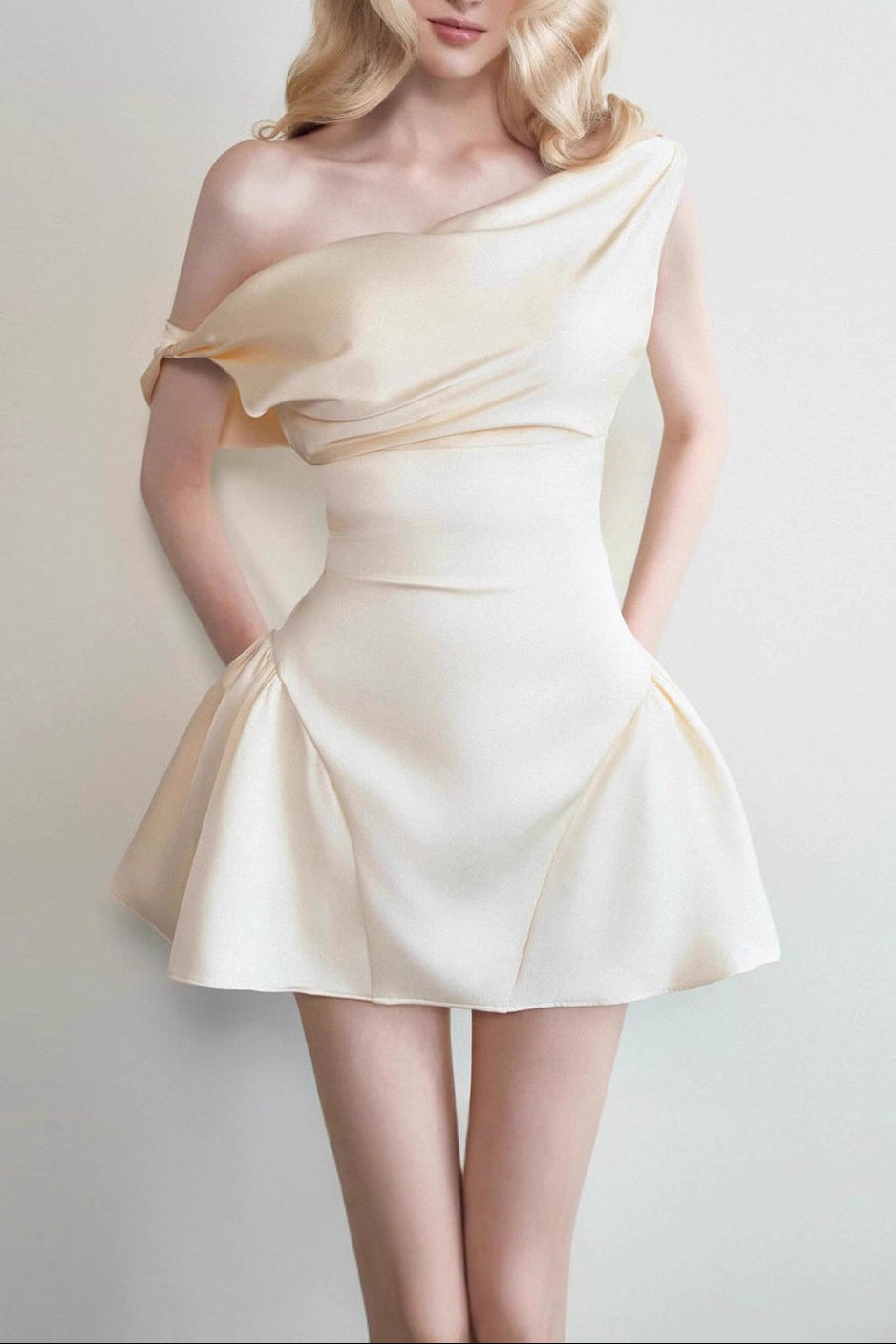 SATIN RUCHED MINI DRESS, CREAM WHITE COCKTAIL PARTY
