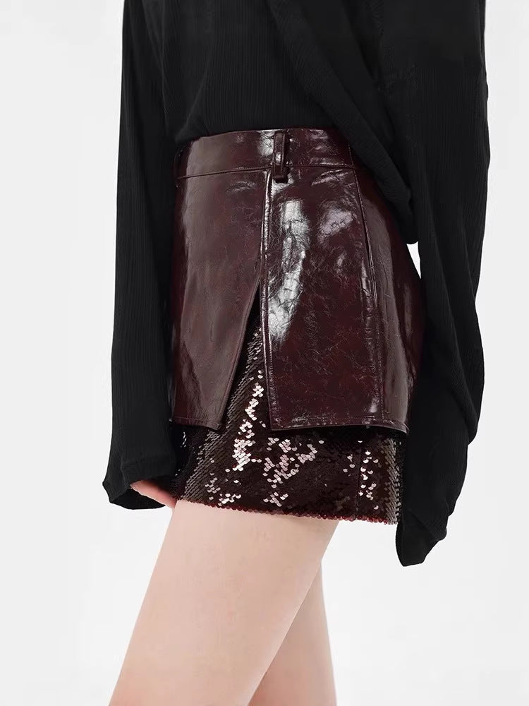 BURGUNDY SEQUIN LEATHER MINI SKIRT FOR PARTY