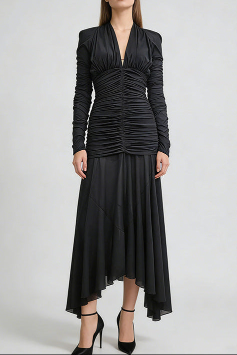 JOSEPHINE V-NECK RUCHED MAXI DRESS, BLACK