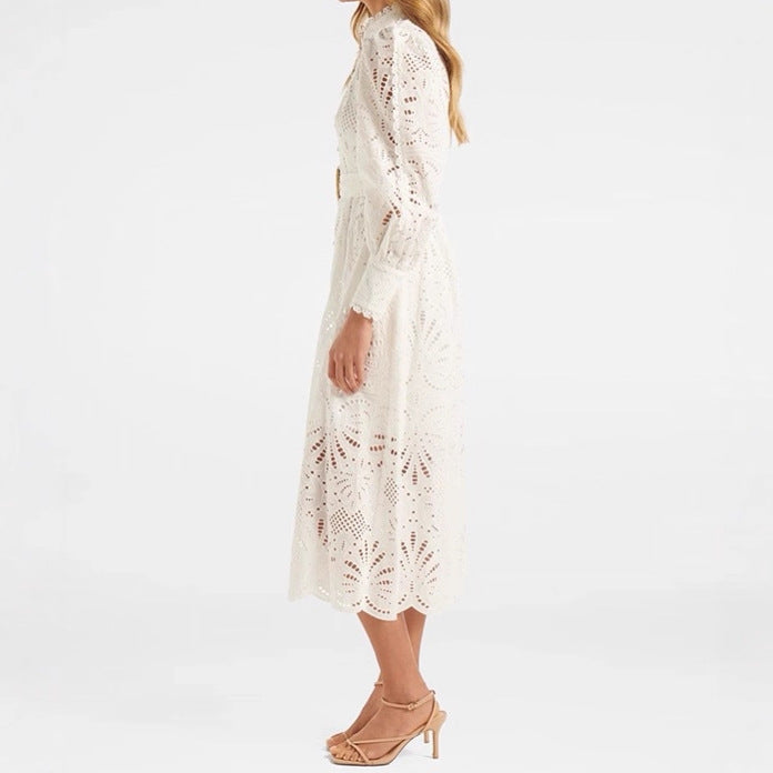 WHITE LACE EMBROIDERY COLLAR WAIST DRESS