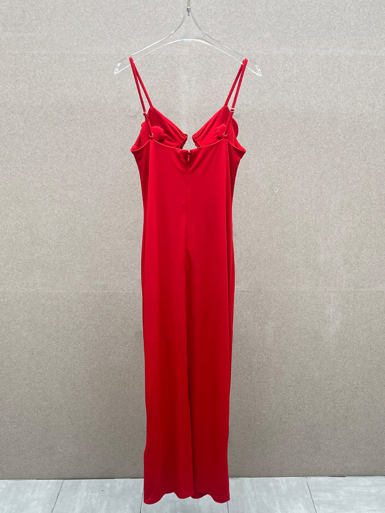 ROSE APPLIQUÉ STRAPLESS RED MAXI DRESS
