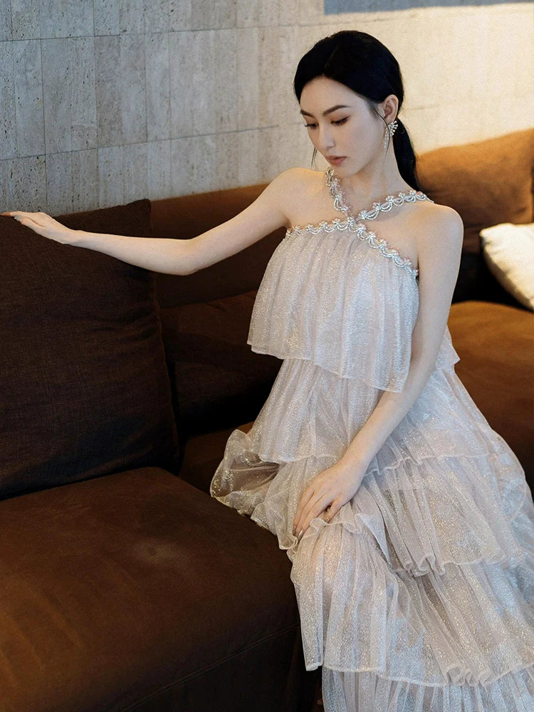 MERA SLEEVELESS DIAMOND CAKE EVENING DRESS