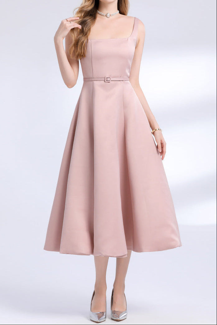 AMELIA SQUARE NECK SATIN SLIP MIDI DRESS PINK
