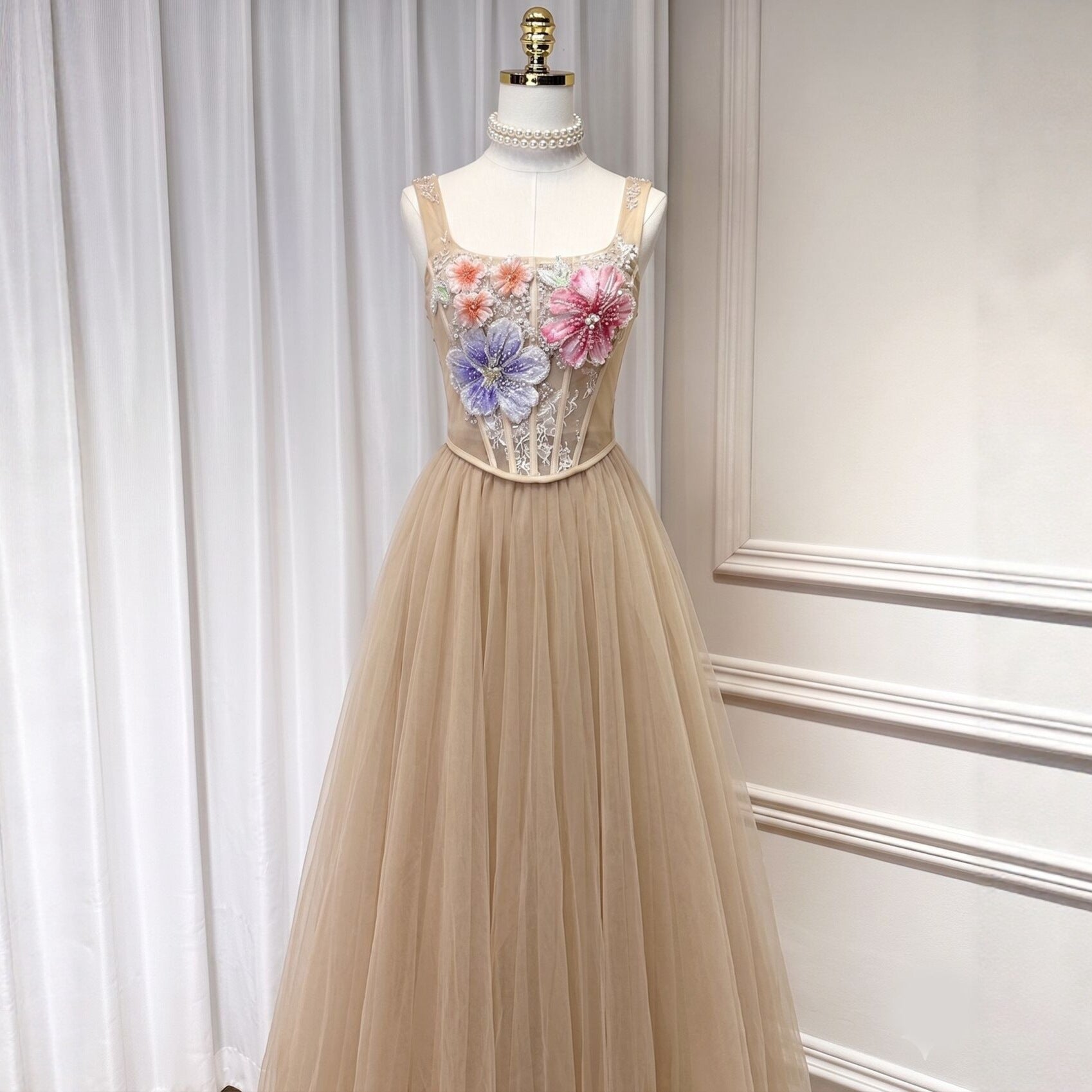 3D FLORAL TULLE SKIRT SET - CHAMPAGNE COCKTAIL