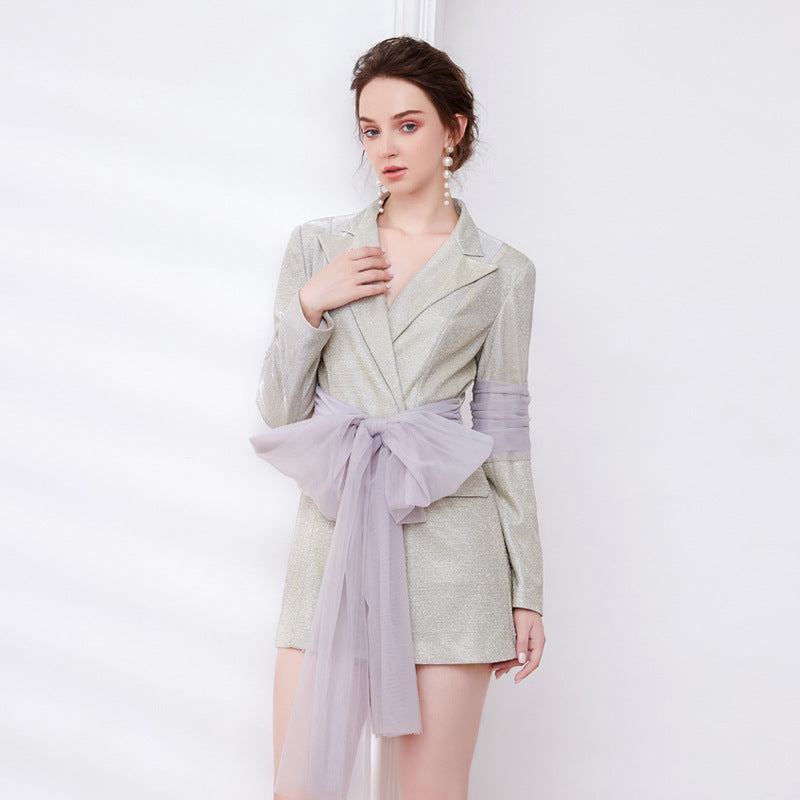 JANICE GLITTER RIBBON BLAZER DRESS, CHAMPAGNE