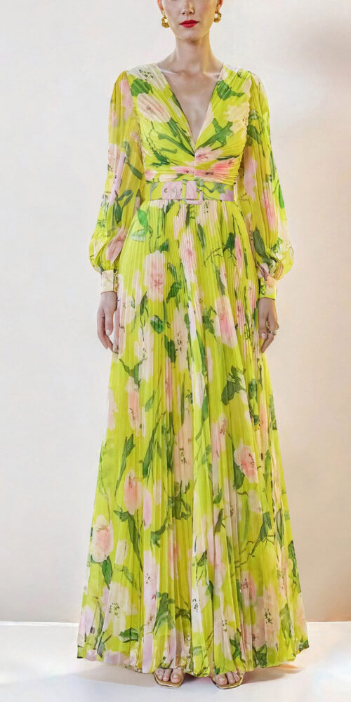 yellow floral long sleeves pleated patterned dress yellow floral long sleeves pleated patterned dress
