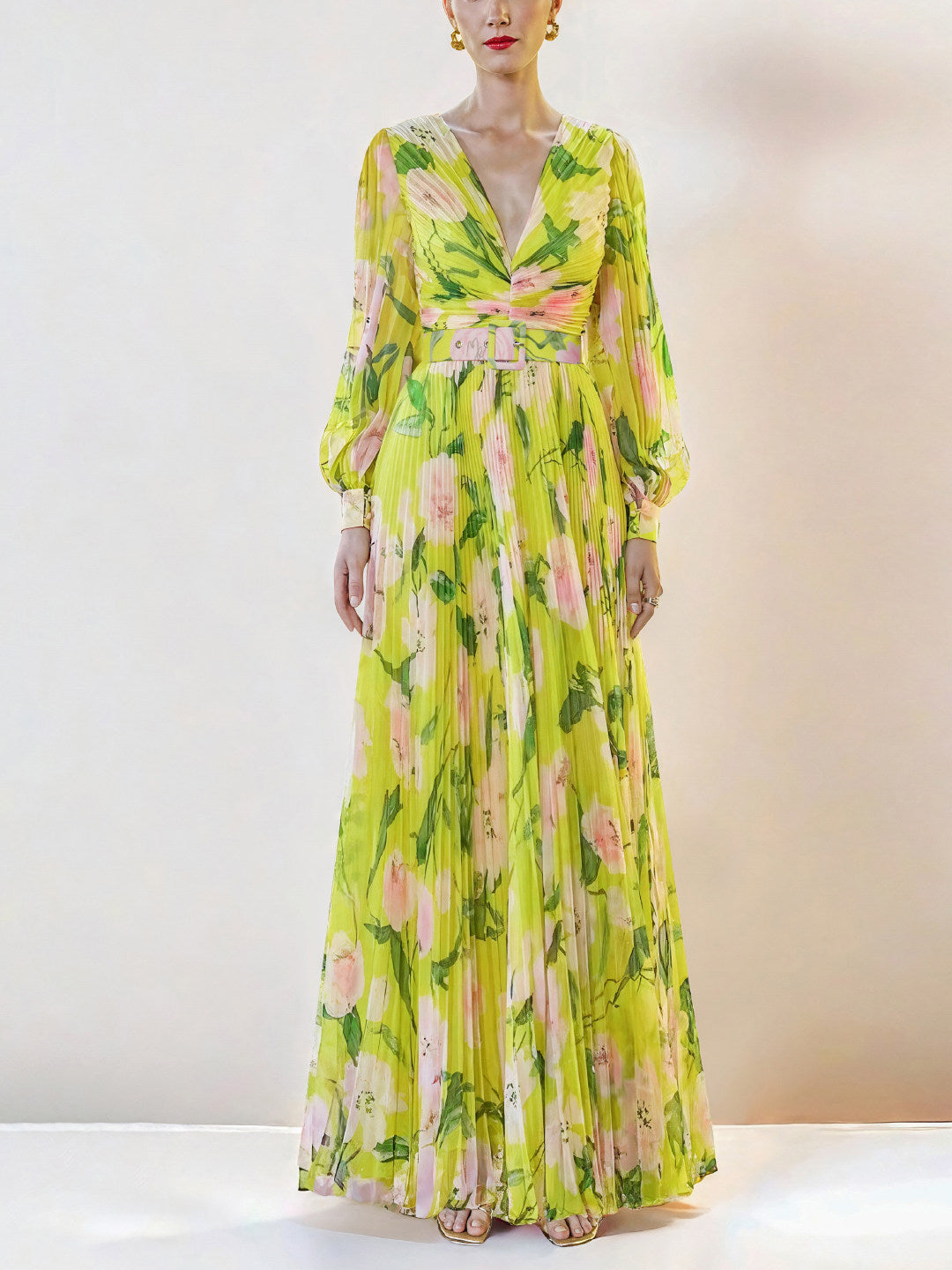 YELLOW FLORAL PLEATED MAXI DRESS FOR WEDDING