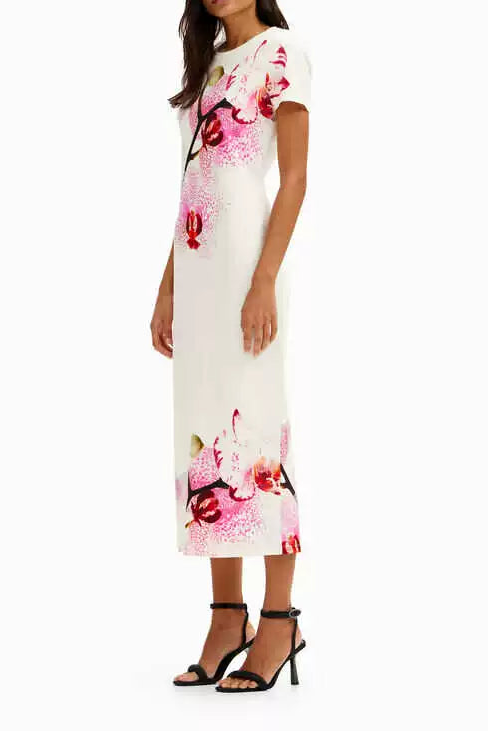 ORCHID PRINT BACK SLIT SLIM MIDI DRESS