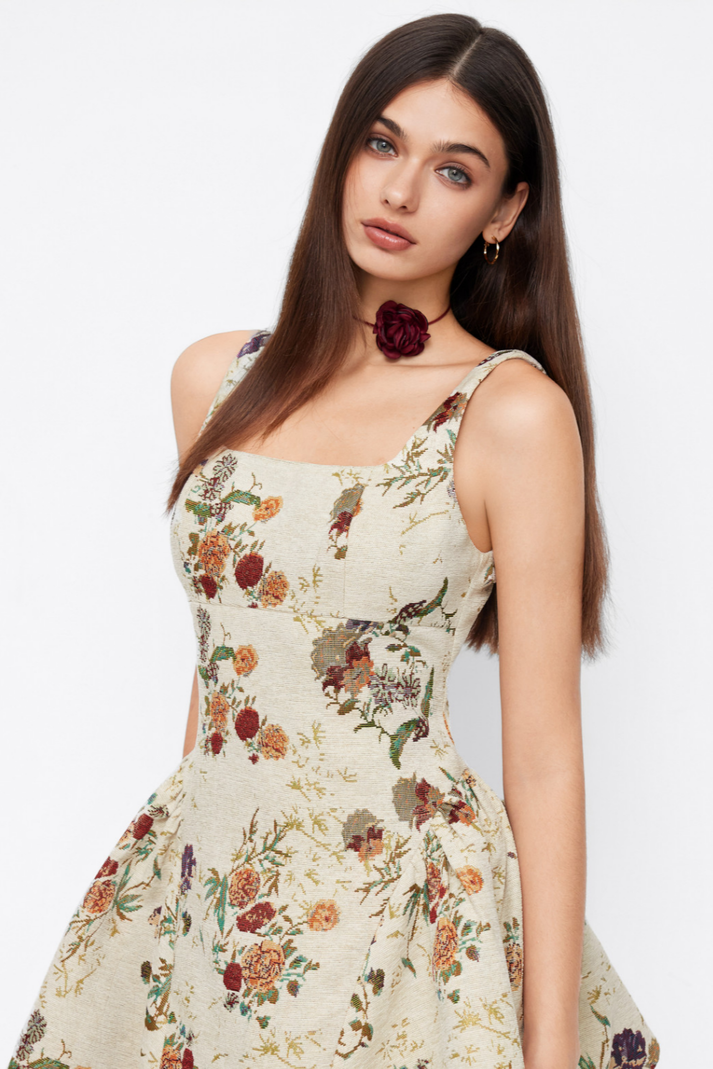 JACQUARD SQUARE NECK FLORAL CROPPED MINI DRESS