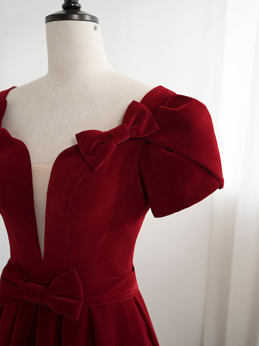 A-LINE VELVET BURGUNDY DRESS FOR EVENTS