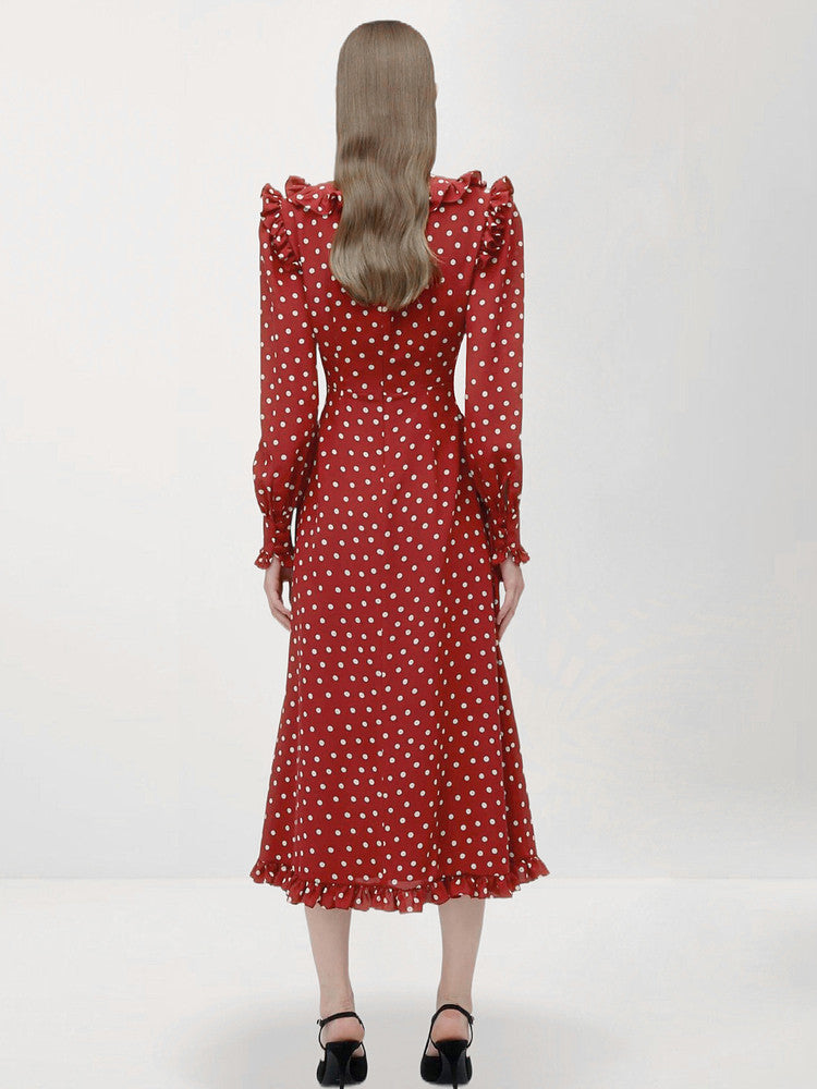 RED POLKA DOT LONG SLEEVE MIDI DRESS