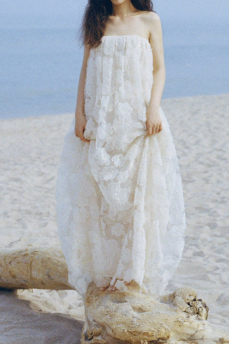 FLORAL APPLIQUÉ STRAPLESS MAXI DRESS, SUMMER WEDDING GUEST