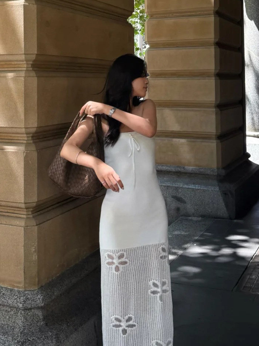 WHITE STRAPLESS KNIT MAXI DRESS, CROCHET HEM