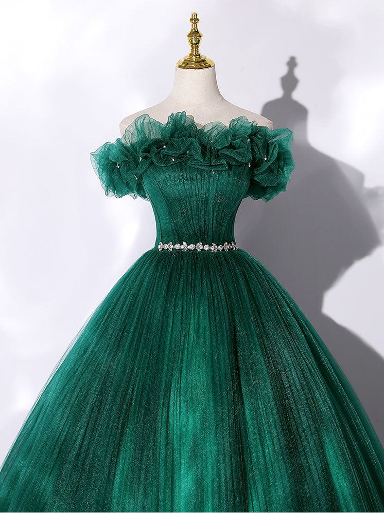 GREEN TULLE OFF-SHOULDER PROM GOWN