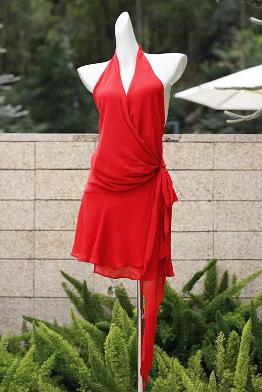 HALTER BACKLESS LACE-UP RED MINI DRESS