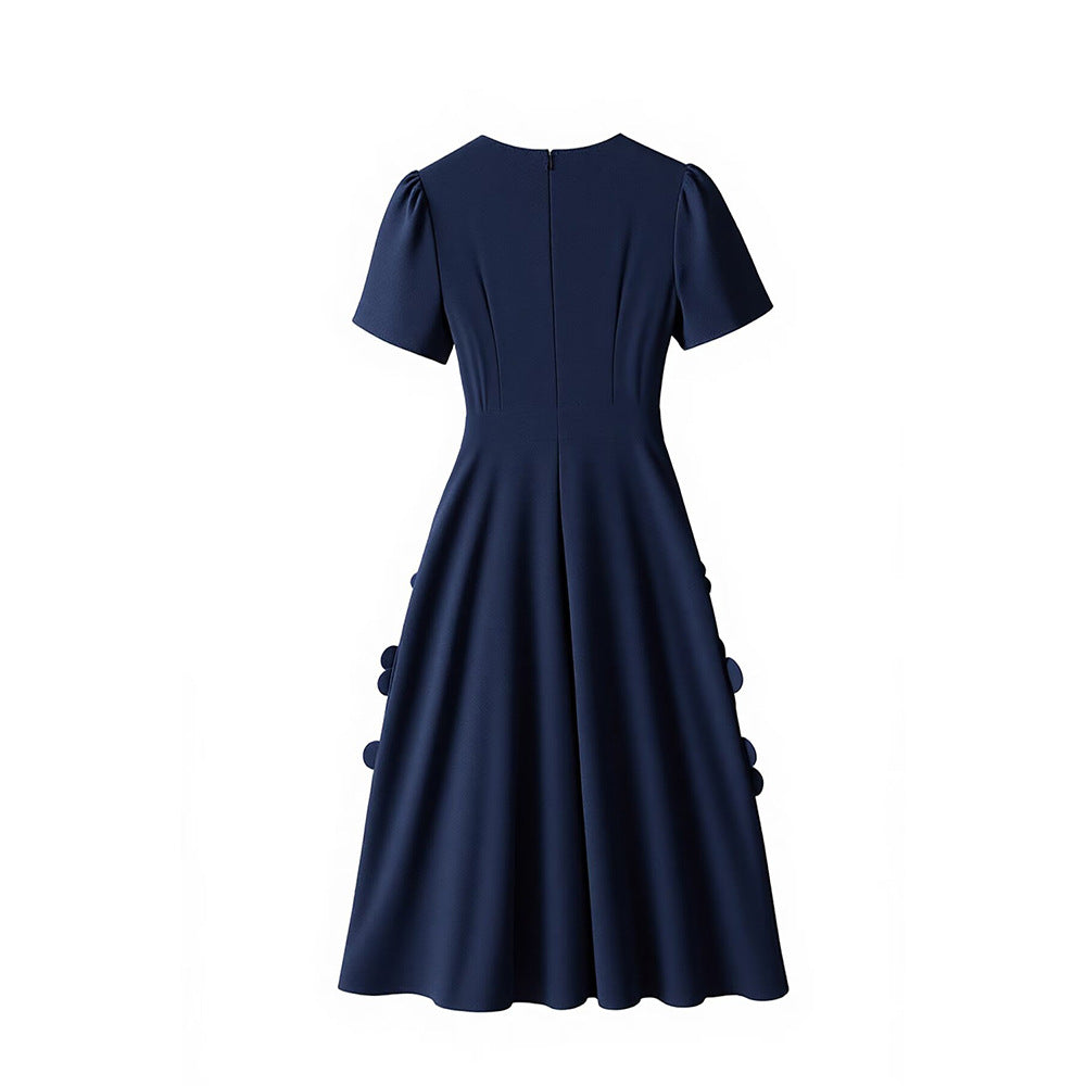 NAVY 3D FLOWER APPLIQUÉ MIDI DRESS FOR EVENTS
