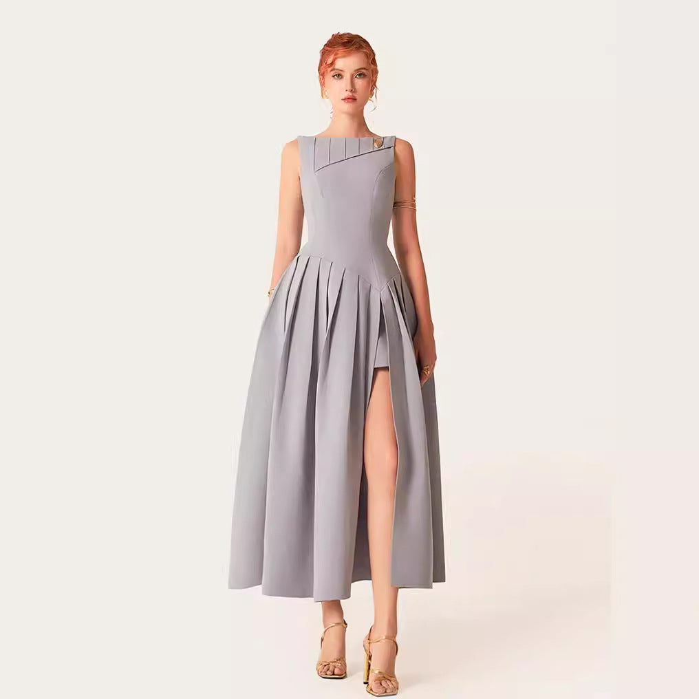 SLEEVELESS PLEATED SLIT MIDI DRESS GRAY