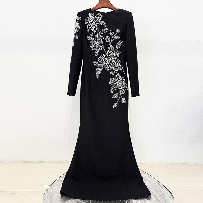 RHINESTONE ORCHID MAXI DRESS, BLACK, FORMAL