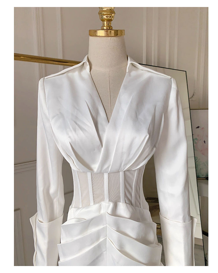 ALYSSA WHITE SEE-THROUGH FISHBONE BLAZER MINI DRESS