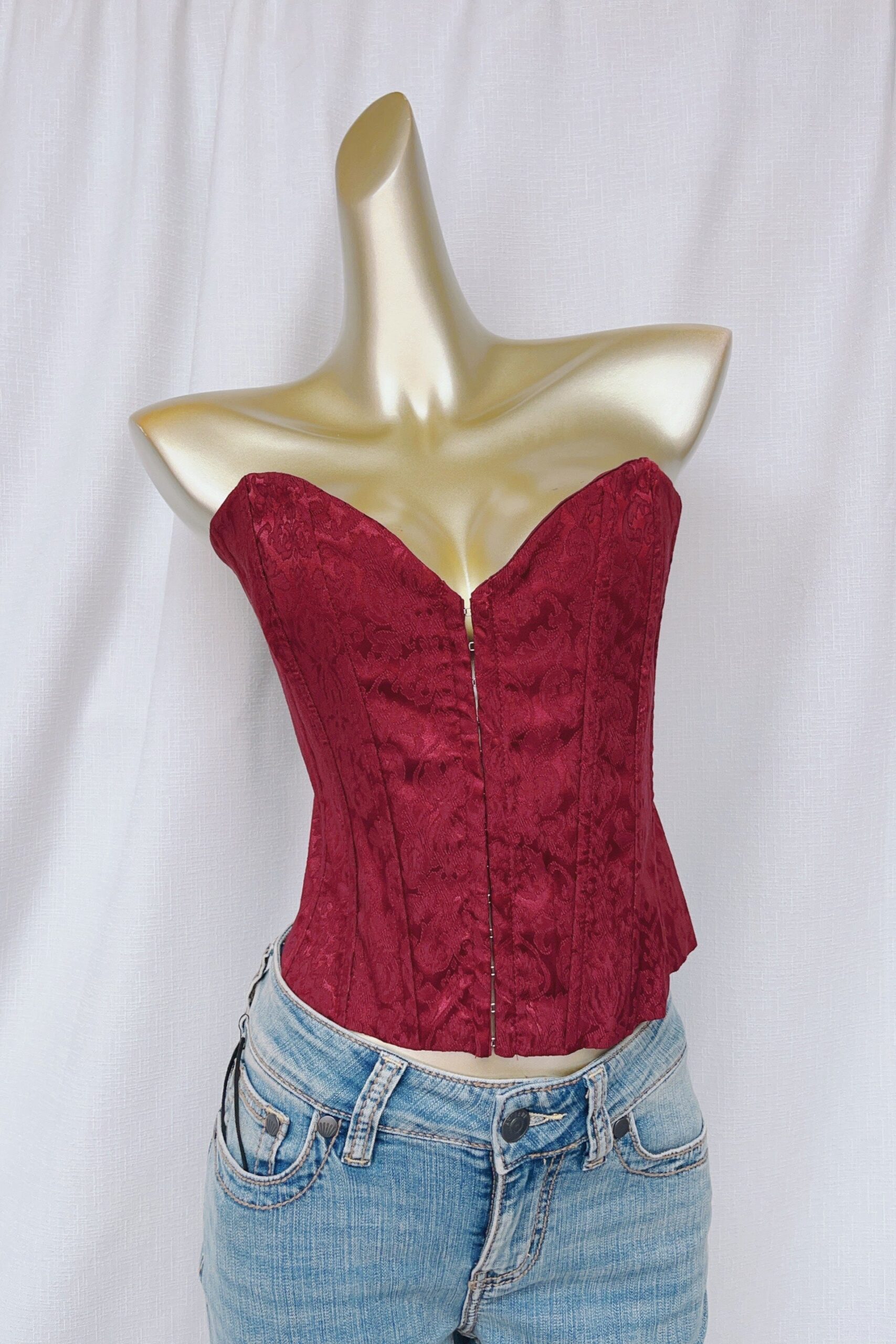 BURGUNDY BROCADE SATIN STRAPLESS CORSET TOP FOR PARTY