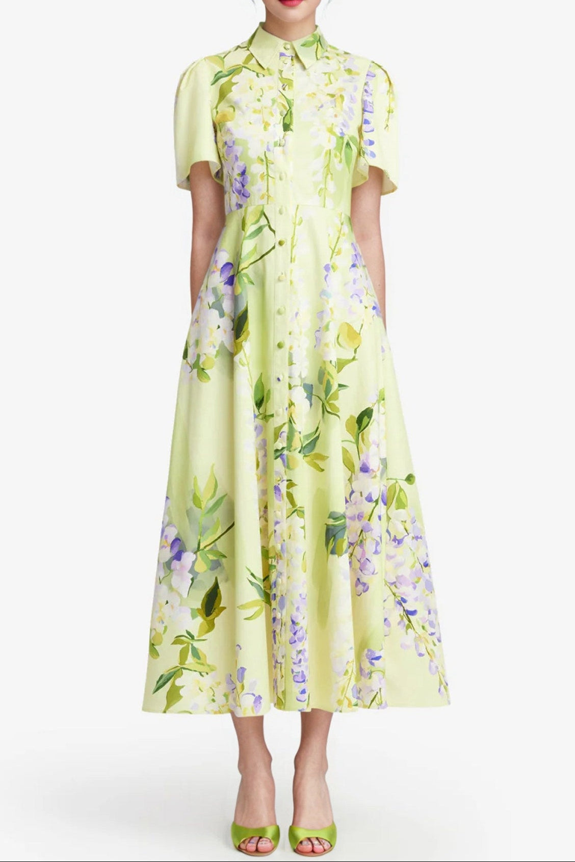 LEMON YELLOW SATIN A-LINE FLORAL POLO DRESS