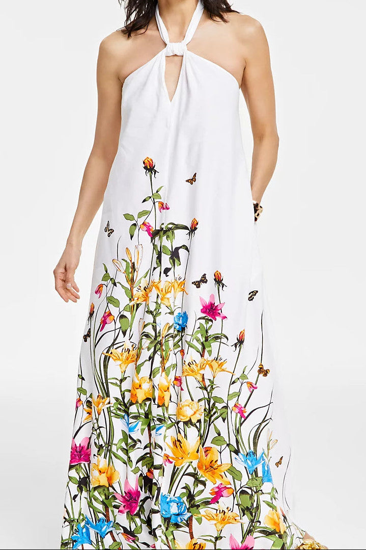 WHITE FLORAL BUTTERFLY HALTER MAXI DRESS