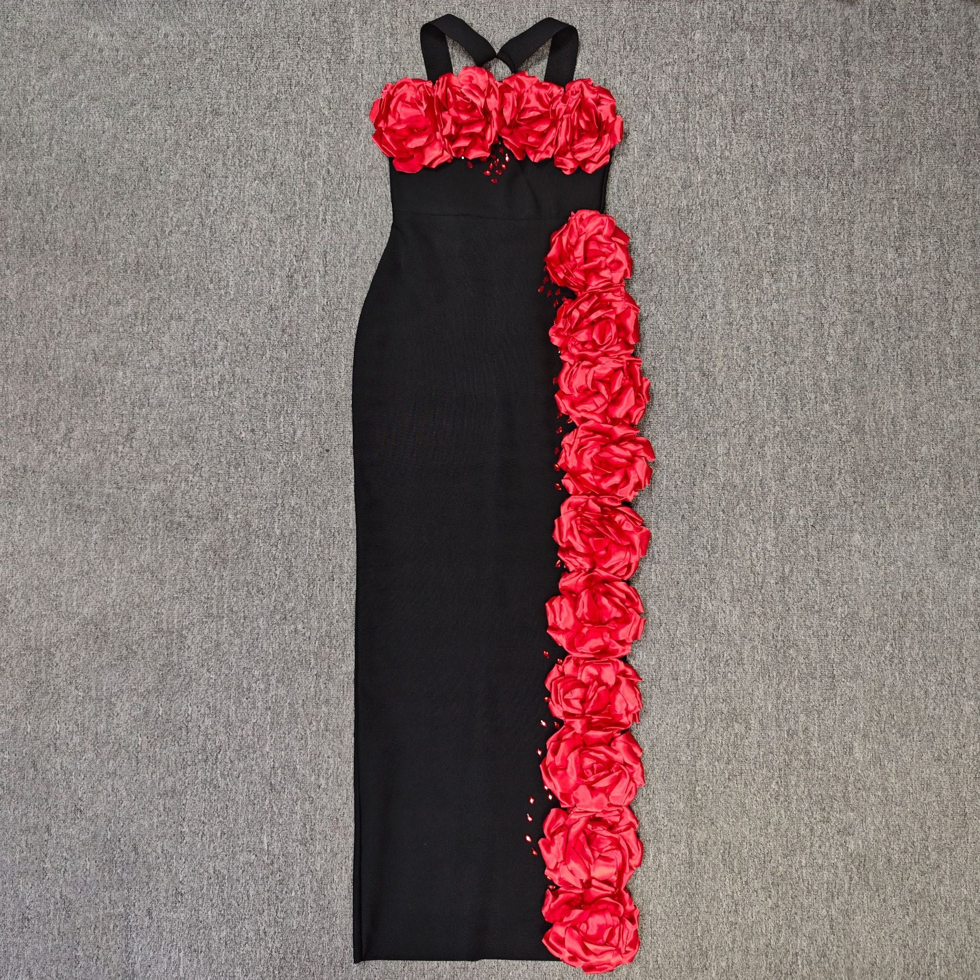 SEBASTIANE HALTERNECK FLORAL BANDAGE MAXI DRESS BLACK