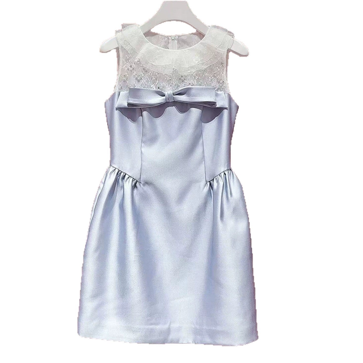 LACE RHINESTONE BOW SATIN A-LINE MINI DRESS
