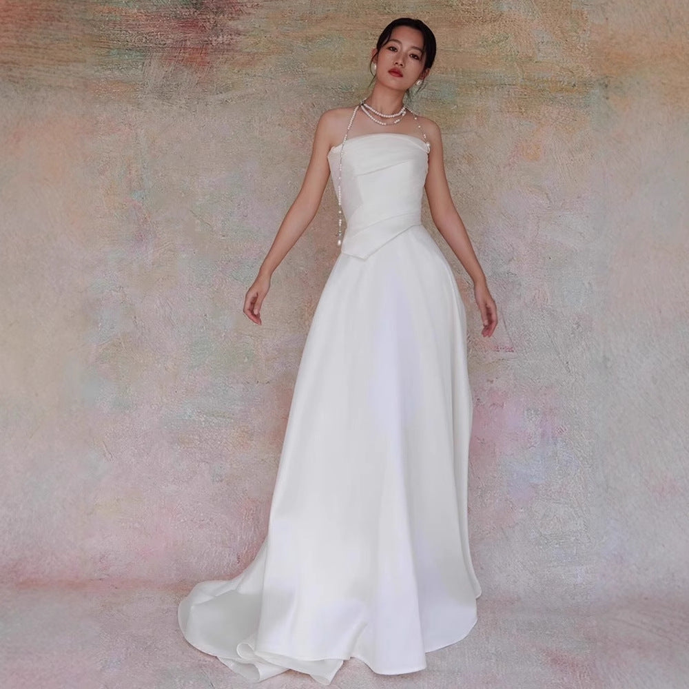 LYDIA WHITE SATIN STRAPLESS MAXI TRAIN WELCOME GOWN