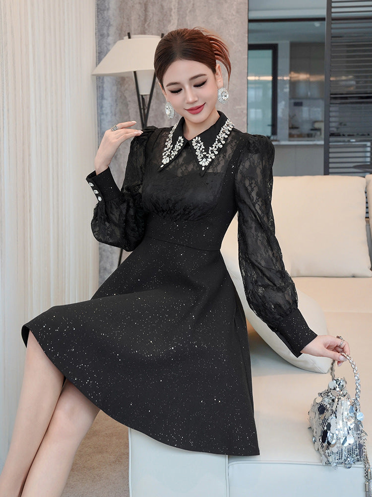 LYNN BLACK RHINESTONE LACE HOLLOW SLEEVE MINI DRESS