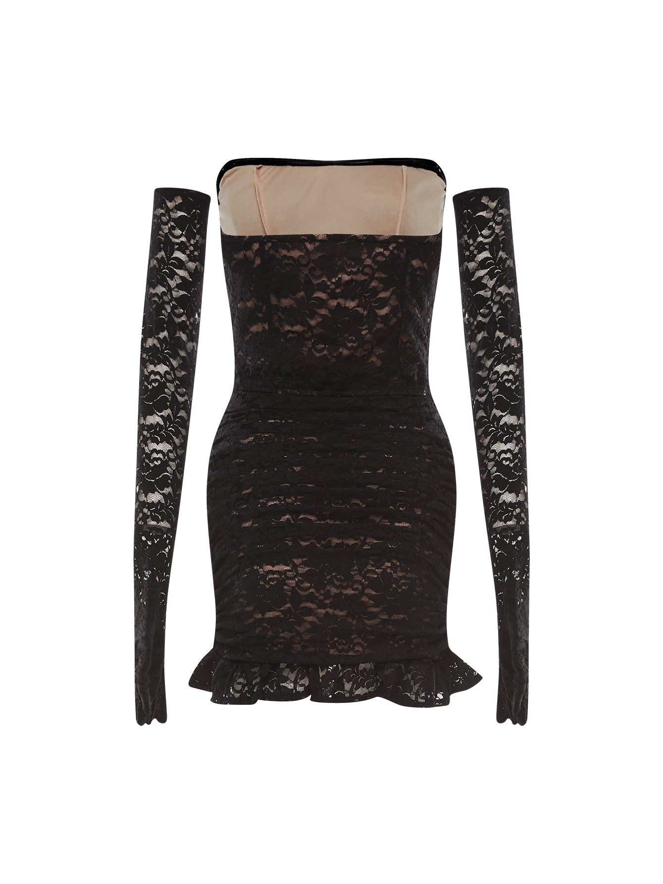 FISHBONE LACE RUFFLE MINI DRESS, BLACK COCKTAIL