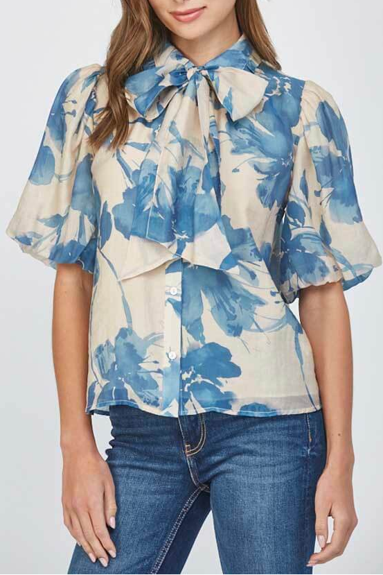 O1CN01FebcoN1iFT2n5qFCl__2380174383 BEIGE & BLUE WATERCOLOR FLORAL BOW BLOUSE FOR WEDDING