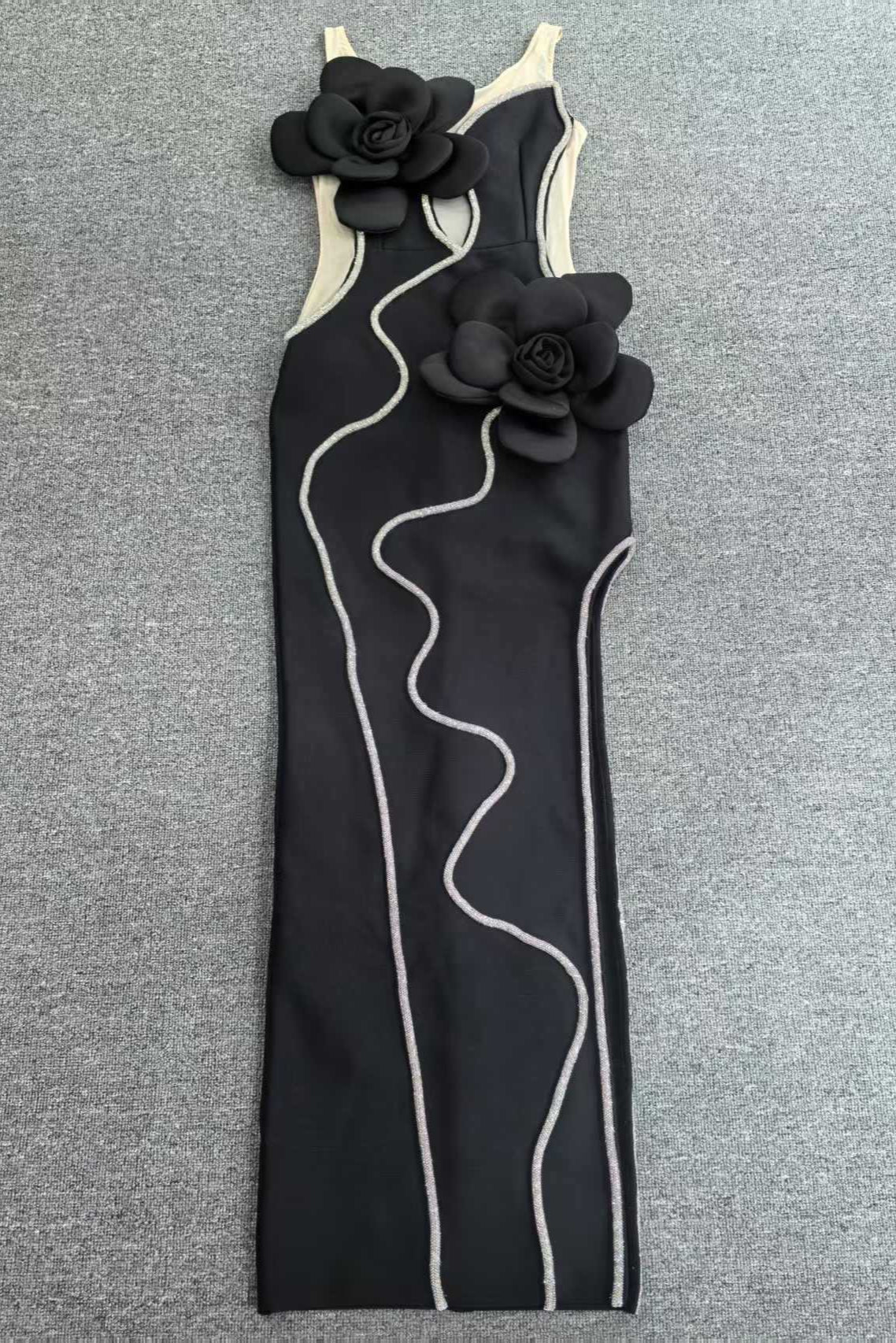 GLITTERING 3D FLOWER BANDAGE MAXI DRESS, BLACK